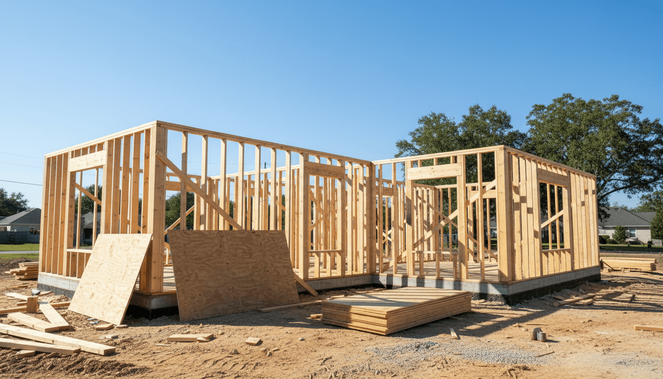 Newly framed wooden house under construction with lumber and a clear blue sky