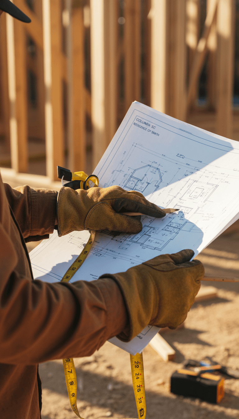 Contractor's hands reviewing blueprints at a residential job site