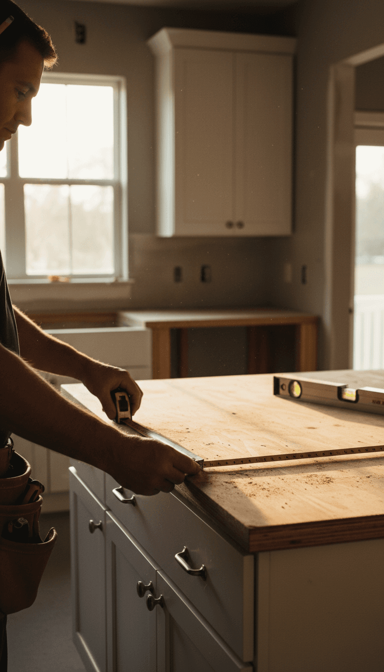Contractor measuring a kitchen countertop during a remodel in Columbia, South Carolina