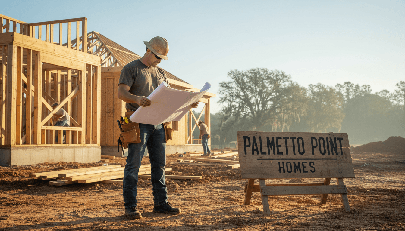 Contractor reviewing blueprints at a residential construction site