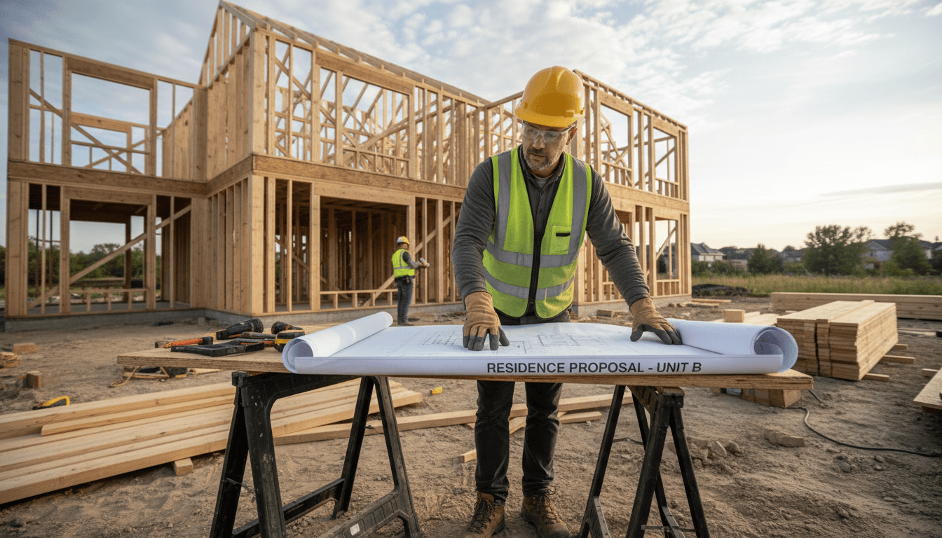 Construction worker reviewing blueprints on a light-filled residential build