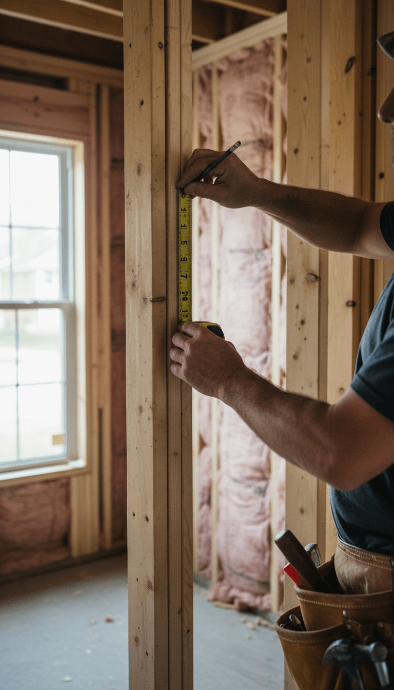 Contractor's hands measuring lumber during a home renovation