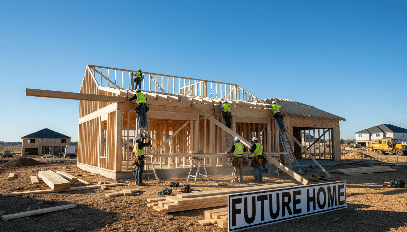 Workers framing a new house with wooden beams on a sunny construction site