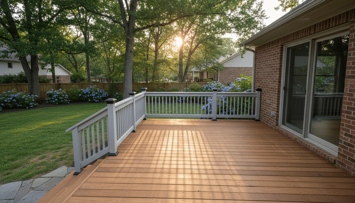 Finished wooden deck with composite railing extending into a green backyard