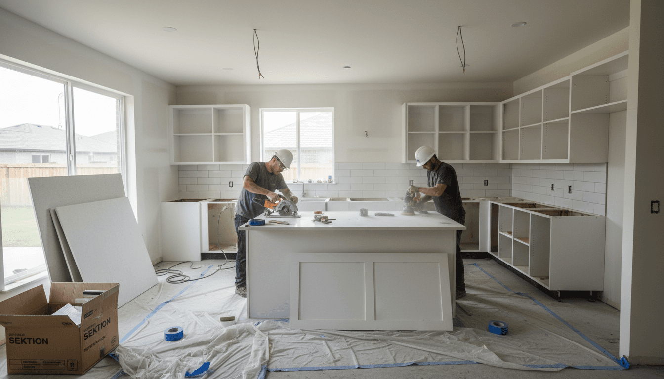 Bright kitchen under renovation with new white cabinets and countertop installation