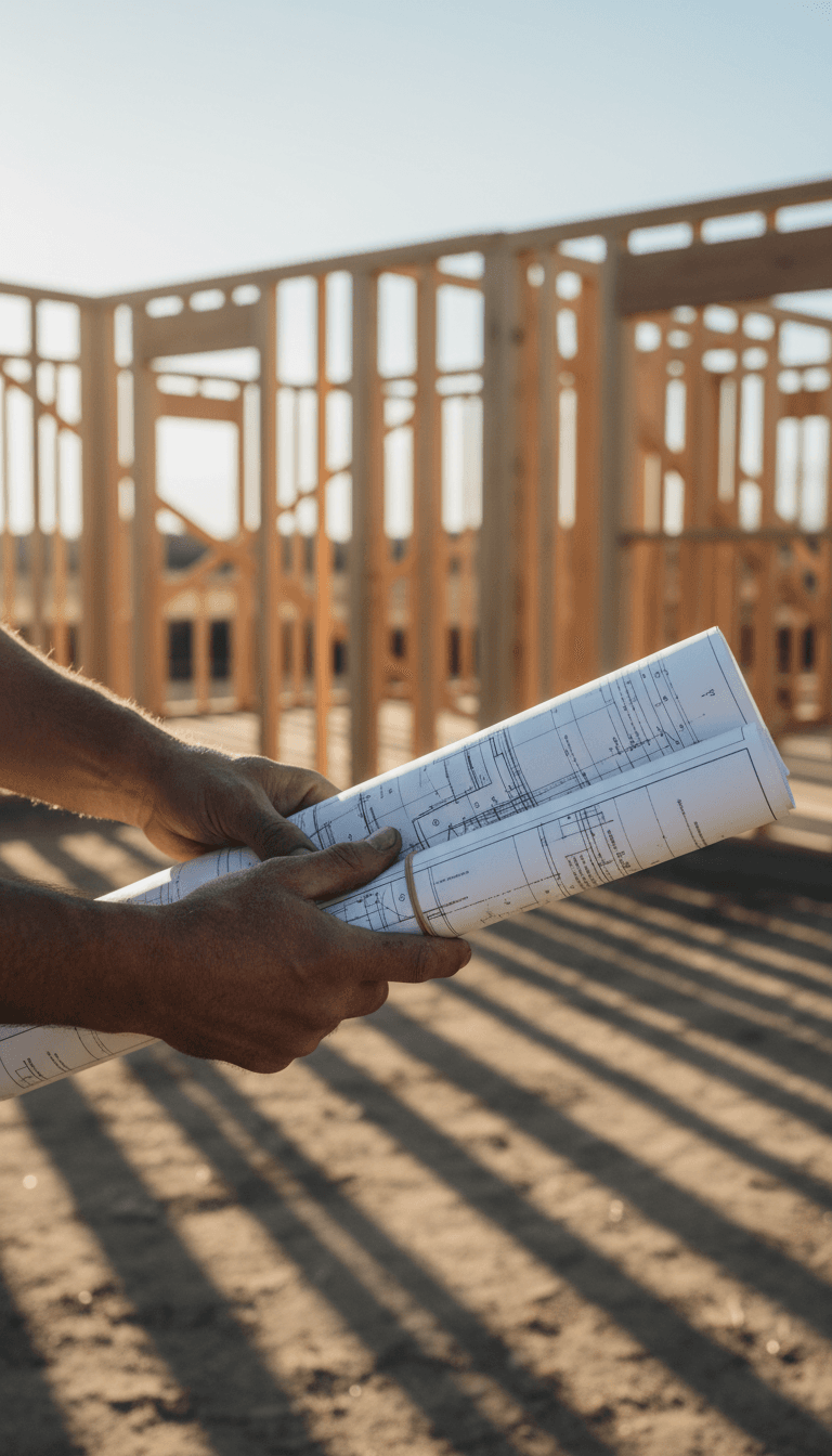 Contractor holding blueprints on a residential build site