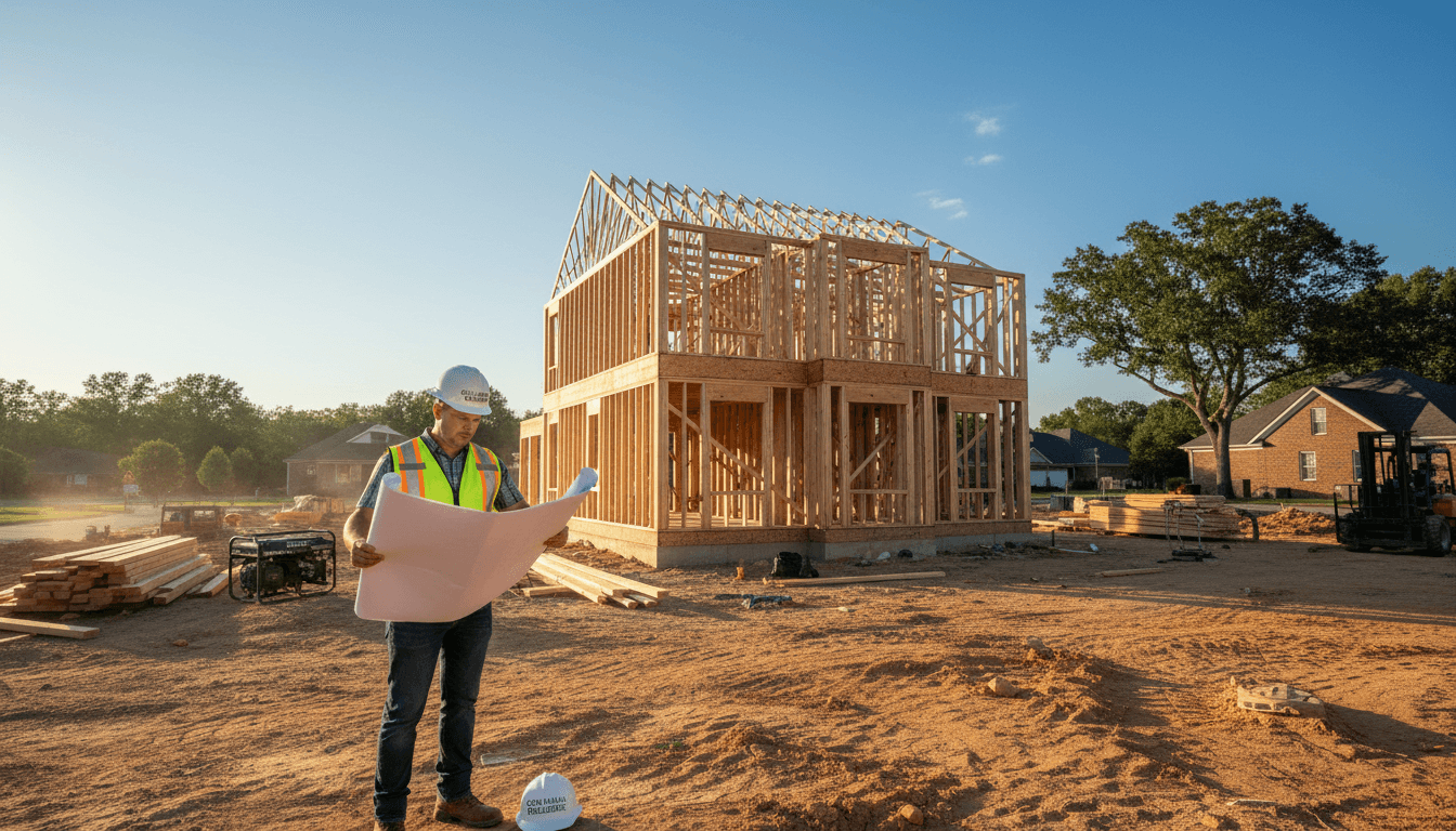Contractor reviewing blueprints at a residential construction site in Columbia