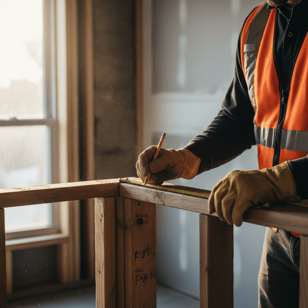 Skilled tradesperson's hands measuring and marking wooden framing with precision during interior renovation project with natural daylight