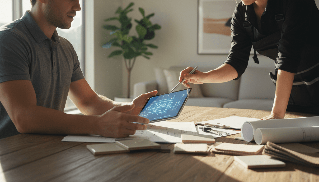 Contractor showing a blueprint to a homeowner at a table