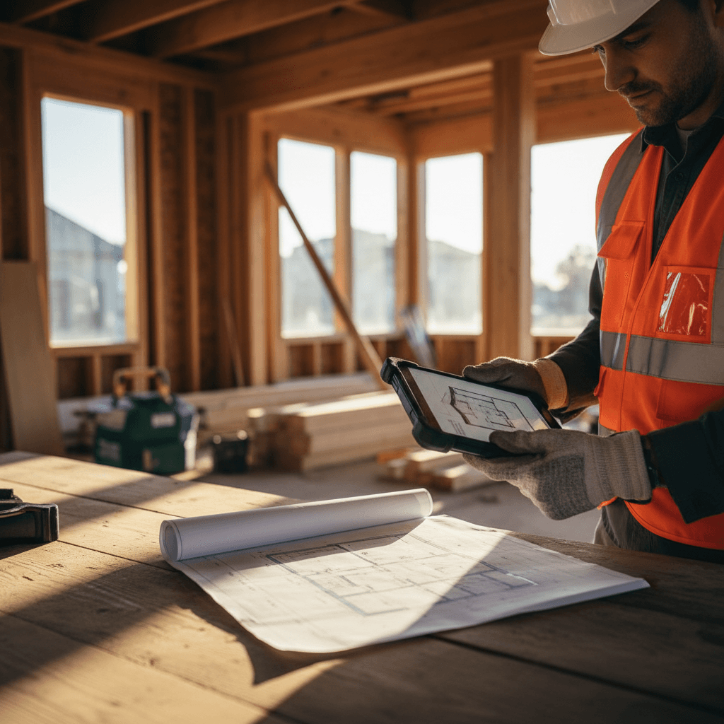 Contractor reviewing plans on a clipboard at a residential job site