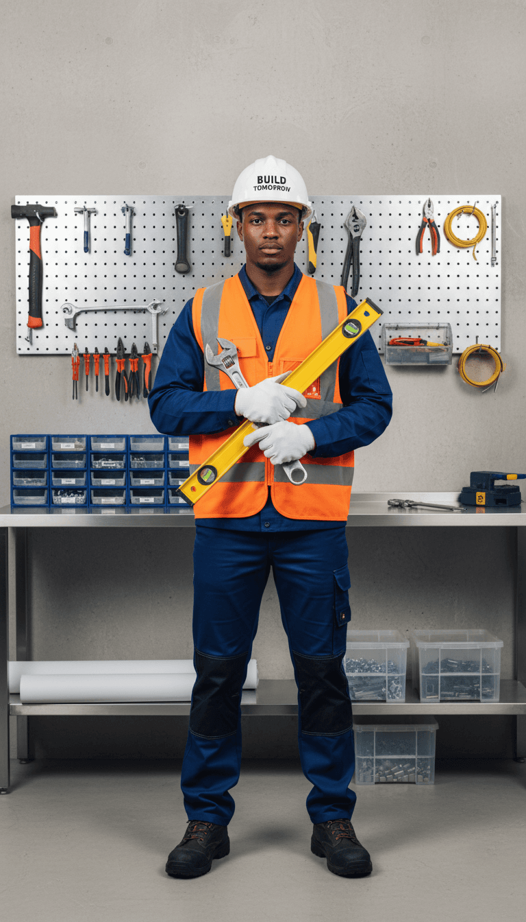 Confident trainee in safety gear and work attire holding trade tools in organized workshop setting