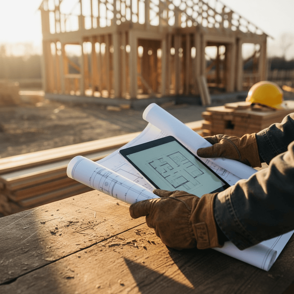 Contractor reviewing blueprints at a residential construction site in Columbia